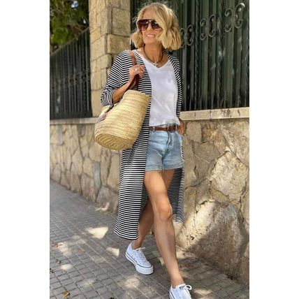 Stripe Open Front Long Cardigan
