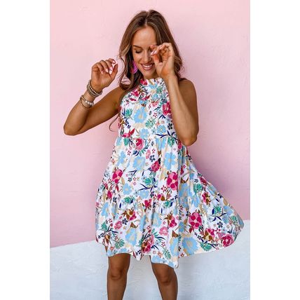 White Frill Mock Neck Sleeveless Tiered Floral Dress