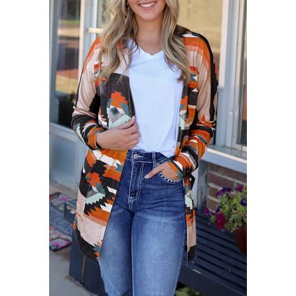 Orange Western Tribal Aztec Print Cardigan