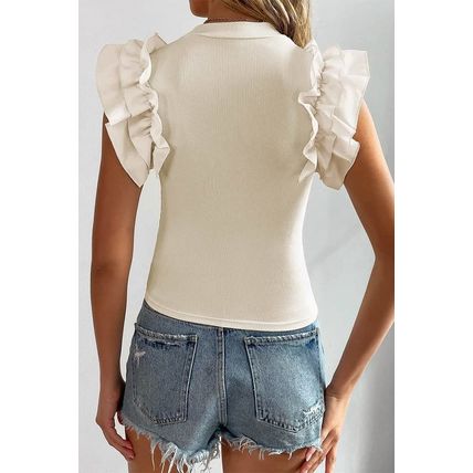 Beige Ruffle Flutter Sleeve High Neck Ribbed Blouse