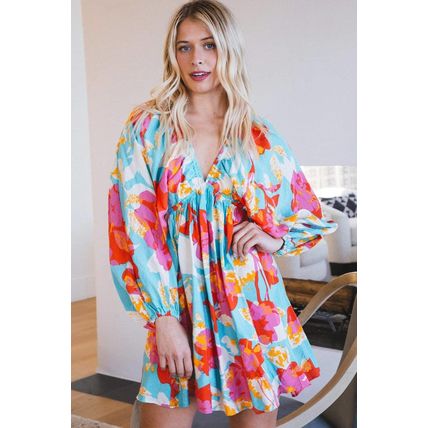 Sky Blue Floral Bracelet Sleeve Empire Waist Mini Dress