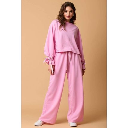Bonbon Solid Color Drawstring Long Sleeve Top and Pants Set