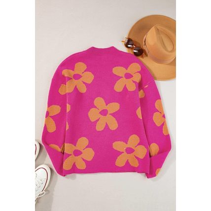Rose Big Flower Pattern Mock Neck Long Sleeve Sweater