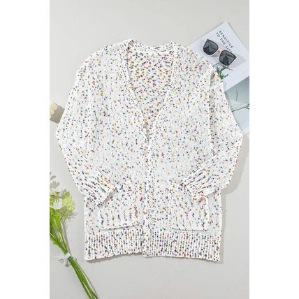 White Confetti Rib Knit Long Sleeve Cardigan