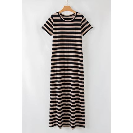 Black Stripe Casual Round Neck T-shirt Maxi Dress with Pockets