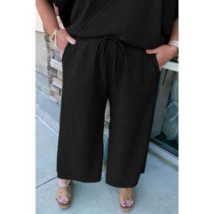 Black Textured Batwing Sleeve Tee Wide Leg Pants Plus Size Set
