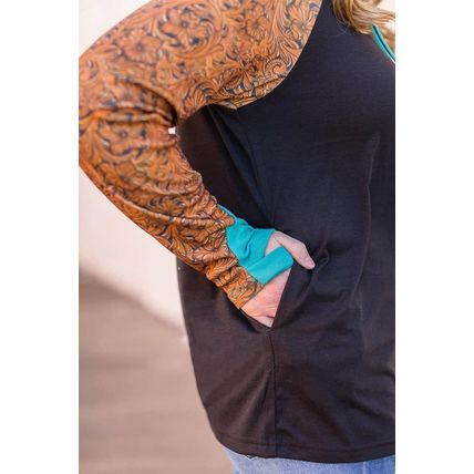 Black Western Print Color Block Plus Size Hoodie