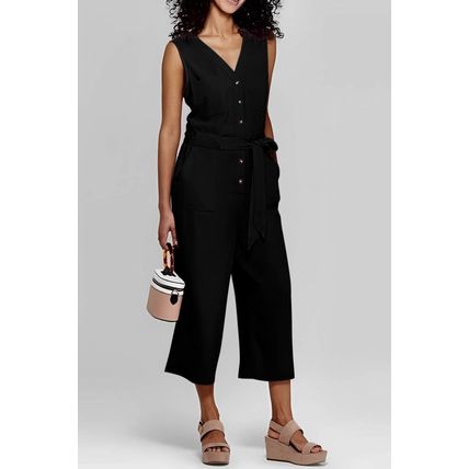 Black Buttoned Sleeveless Cropped Jumpsuit with Sash