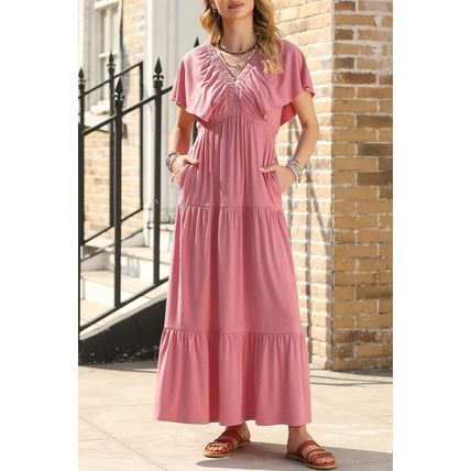 Rose Pink Textured V Neck Flutter Sleeve Ruffled Maxi Dress