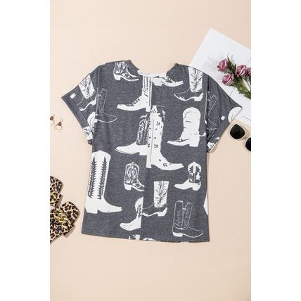 Gray Plus Size Western Boots Print Crew Neck T Shirt
