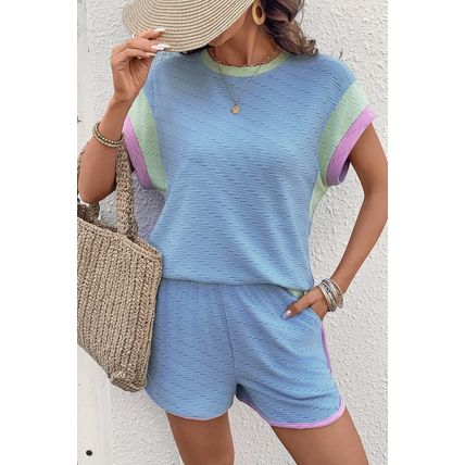 Beau Blue Corded Knit Contrast Trim Round Neck Cap Sleeve 2pcs Short Set