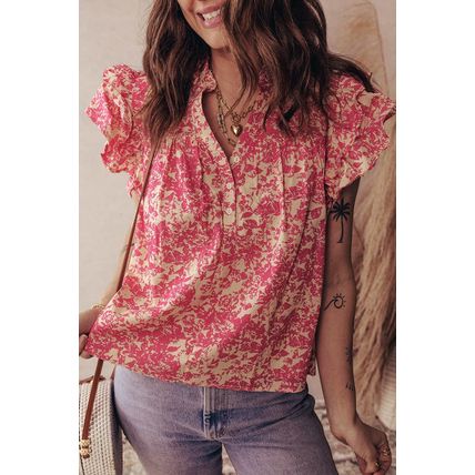 Rose Allover Printed Half Button Neck Ruffle Sleeve Blouse