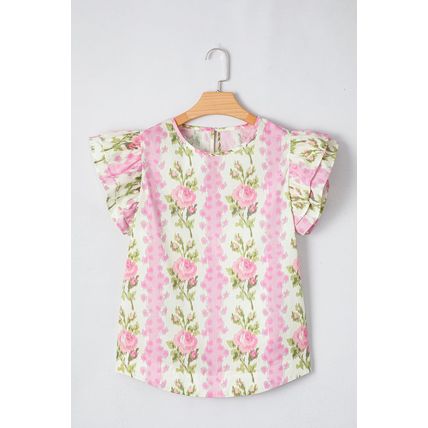 Pink Floral Print Ruffled Sleeve Summer Top