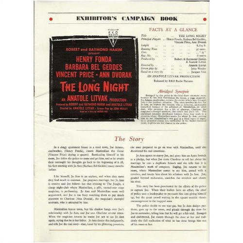 THE LONG NIGHT Henry Fonda, Vincent Price, Ann Dvorak, RKO Radio Press Book