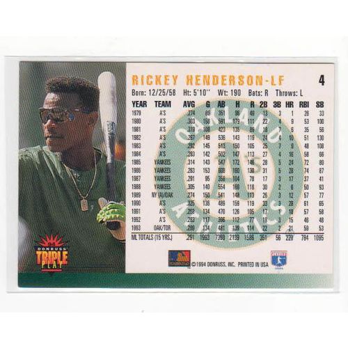 1994 Donruss Triple Play Rickey Henderson baseball card #4 –HOF-Athletics