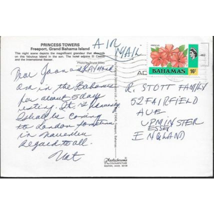 Freeport, Bahamas - Princess Towers Hotel - plastichrome postcard, stamp c.1970s