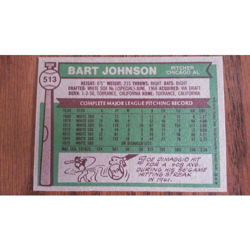 1976 Topps Card # 513 Bart Johnson Very Good-Excellent (4) Chicago White Sox