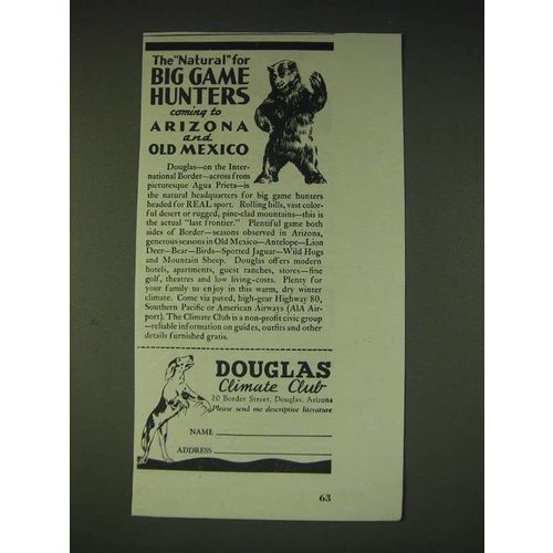 1935 Douglas Climate Club, Arizona Ad - The natural for big game hunters