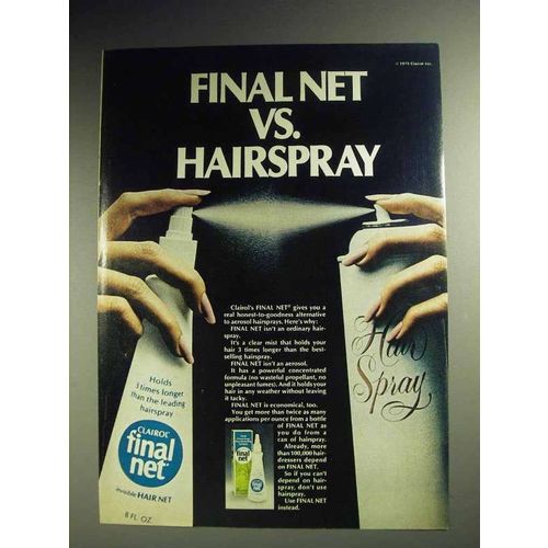 1975 Clairol Final Net Hair Spray Ad - vs. Hairspray