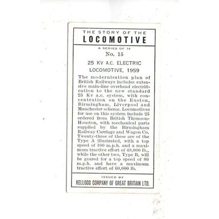 KELLOG'S STORY OF LOCOMOTIVE 2nd.SERIES 1965 No.15#25 KV ELECTRIC LOCOMOTIVE B.R