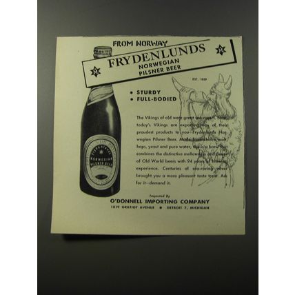 1953 Frydenlunds Beer Ad - From Norway Frydenlunds Norwegian Pilsner Beer
