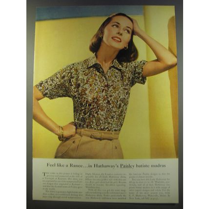 1956 Hathaway Shirts Ad - Feel like a Ranee in Paisley batiste Madras