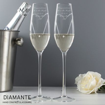 Flutes Diamante hand crafted Wine Glasses heart Wedding anniversary engagement