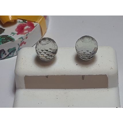 Estate 8.5mm faceted Blue/White Quartz Ball Sterling Silver stud Earrings #19615