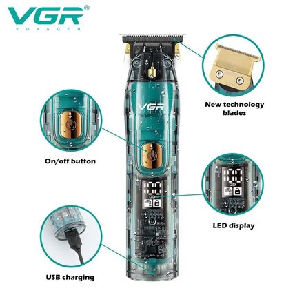 VGR Mens Hair Clipper Trimmer Blade Transparent Body Bald Head Shaver V-961