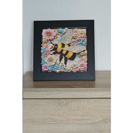 Completed Diamond Art Bee Picture with Wooden Black Frame Size 32cm by 32cm