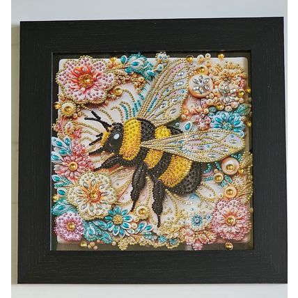 Completed Diamond Art Bee Picture with Wooden Black Frame Size 32cm by 32cm