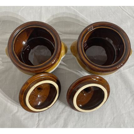 Bean Pots/ Crock Pots W/ Lids Taiwan Glazed Stoneware Two Tone Brown & White
