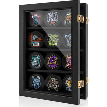 Hockey Display Case - 12 Pucks, Holder Cabinet Stand Shadow Box for Wall Mount,