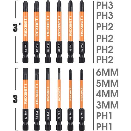 REXBETI 12 Piece Slotted Phillips Screwdriver Bit Set, 1/4 Inch Hex Shank S2 Ste
