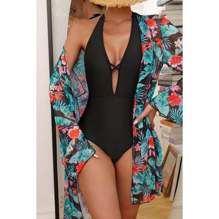 Black Halter Neck Monokini with Floral Beach Cover Up
