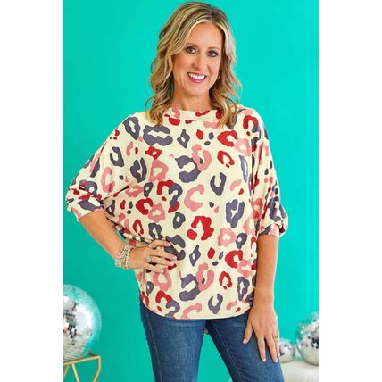 White Colorful Leopard Print Batwing Sleeve Plus Blouse