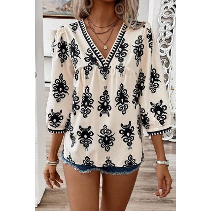 Beige Vintage Geometric Printed 3/4 Sleeve V Neck Blouse