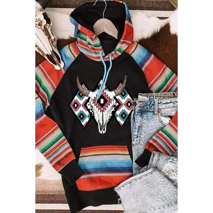 Multicolor Western Steer Head Aztec Serape Patchwork Pocketed Hoodie