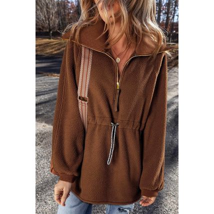 Brown Half Zip Fleece Pullover Sweatshirt