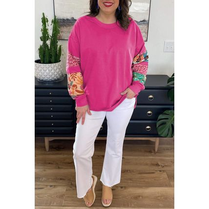 Rose Red Plus Size Printed Patchwork Sleeve Split Sweatshirt