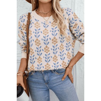 Apricot Floral Pattern Crew Neck Sweater