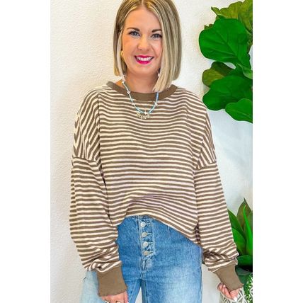 Brown Stripe Loose Drop Shoulder Long Sleeve Top