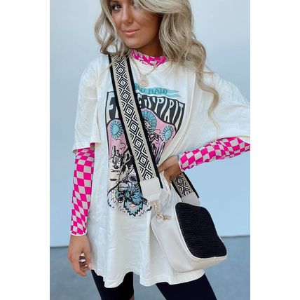 Rose Checkered Pattern Mesh Mock Neck Long Sleeve Top