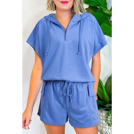 Sky Blue Casual Zipped Short Sleeve Hoodie and Shorts Set