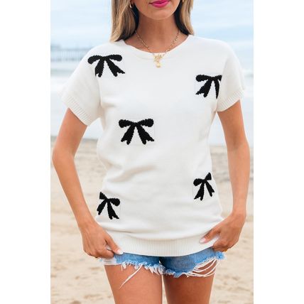 White Bow Pattern Knit Short Sleeve Sweater