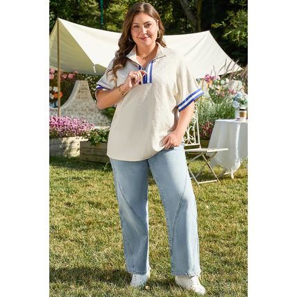 White Varsity Half Zip Textured Plus Size Top