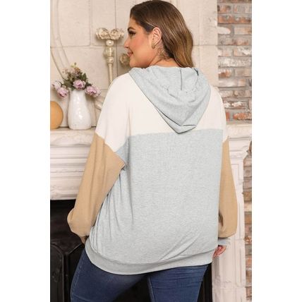 Multicolour Plus Size Colorblock Drop Shoulder Ribbed Knit Hoodie