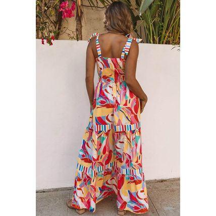 Multicolor Abstract Print Striped Trim Maxi Sundress
