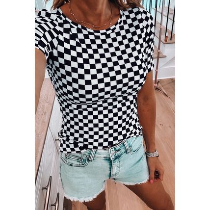 Black Checkered Ribbed Slim Fit Crew Neck T Shirt