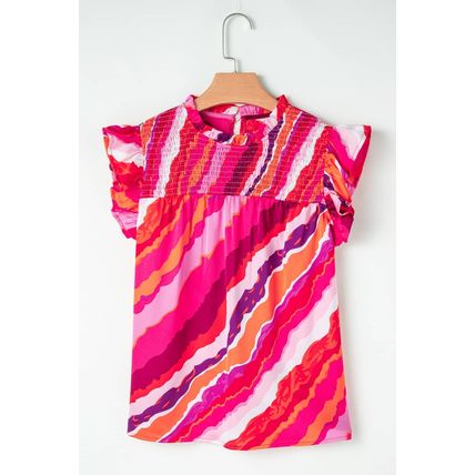 Rose Abstract Print Shirred Yoke Ruffled Blouse